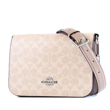 COACH Quinn 緹花LOGO防刮翻蓋雙背帶肩背/斜背二用包-灰褐