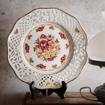 德國名瓷Schumann舒曼半手繪玫瑰鏤空盤