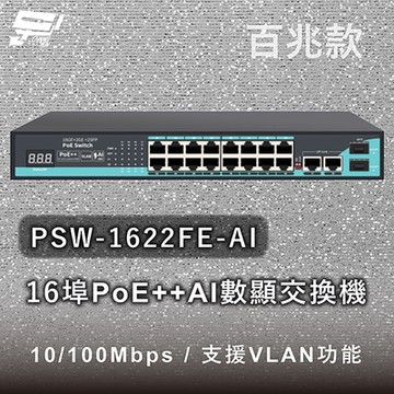 昌運監視器 PSW-1622FE-AI 16埠百兆款PoE++ AI數顯交換機 10/100Mbps