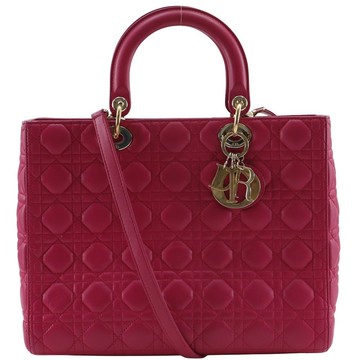 【日本直送】Christian Dior 迪奧 Lady Dior Large 手提包 籐格紋 兩用肩背包 羊皮 粉色 女性【二手】
