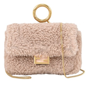 FENDI Nano Baguette 經典FF LOGO羊毛款吊飾零錢卡片包(迷霧粉)
