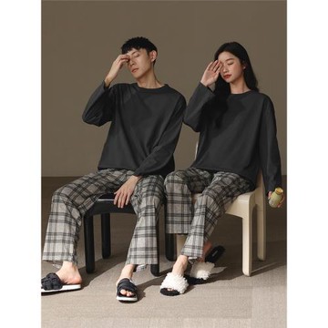 新款情侶睡衣女春秋款純棉長袖圓領套頭男士套裝秋季可外穿家居服