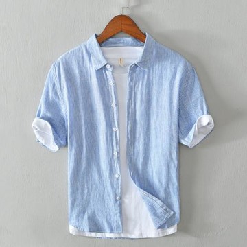 夏季男士亞麻短袖襯衫翻領條紋棉麻襯衣工裝日系青年休閑寸衫上衣