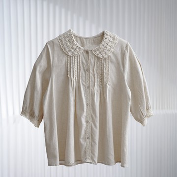 森系棉麻蕾絲娃娃領打褶中袖襯衫430003