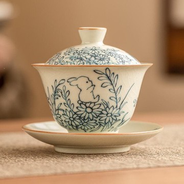 快速出貨 臺灣現貨汝窯向陽花萌兔三才蓋碗單個高檔中式泡查碗陶瓷查具家用查碗帶蓋