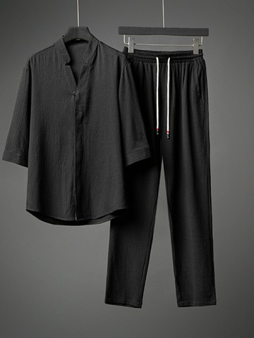 中國風男裝夏季復古風冰絲T恤短袖男士套裝上衣V領中式漢服七分袖