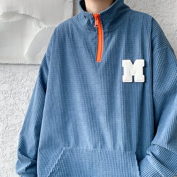 藍色立領衛衣男春秋季無帽上衣日系復古長袖半拉鏈Polo衫長袖外套