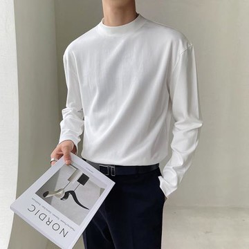 大吳小吳 純色半高領打底衫男春秋韓版寬松純棉白色長袖T恤內搭潮