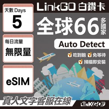 LINKGO白鑽卡 全球66國 eSIM卡 5天上網卡 無限流量吃到飽不降速(全球網卡 亞洲 歐洲 美洲 大洋洲 非洲)