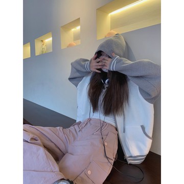 【太妮絲S284】現貨 初秋 新品 灰色棒球連帽針織外套 拼接 撞色 學生必備 學院風 針