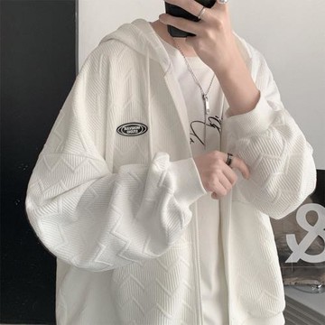 潮牌白色衛衣男士春秋季寬松連帽開衫休閑外套高級感貼標情侶上衣