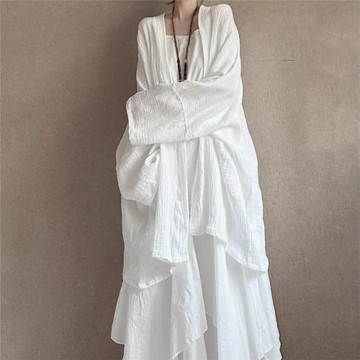 新中式禪意棉麻襯衫外套女中長款復古寬松慵懶肌理感亞麻開衫上衣