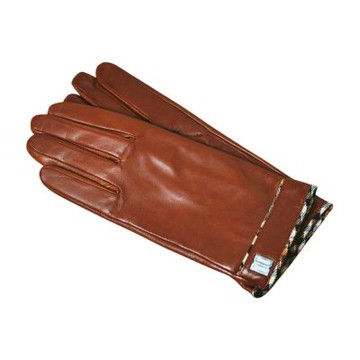 DAKS 日本製品牌簡約時尚DD LOGO格紋飾邊羊革手套(焦糖棕色/19CM)