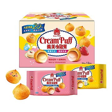 義美 小泡芙 香濃牛奶+濃醇草莓x6盒(64公克 X 12入)