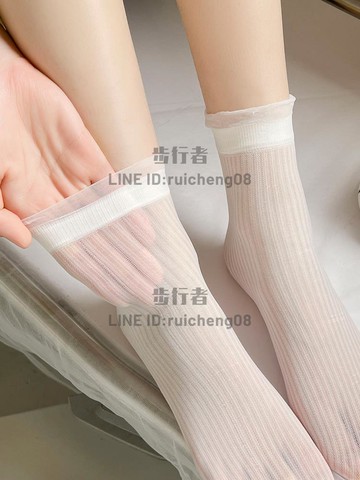 蕾絲花邊襪子女冰絲網紅薄款夏季水晶絲女童白色短款配皮鞋中筒襪【步行者戶外生活館】