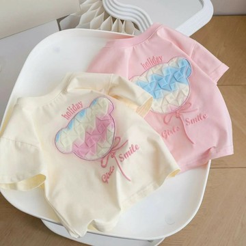 女童卡通純棉短袖2024夏季新款立體小熊洋氣甜美T恤