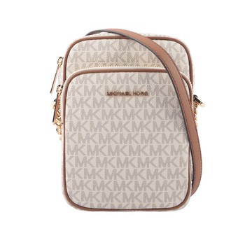 Michael Kors 金字滿版塗層帆布拉鍊中款直式斜背包(香草色)