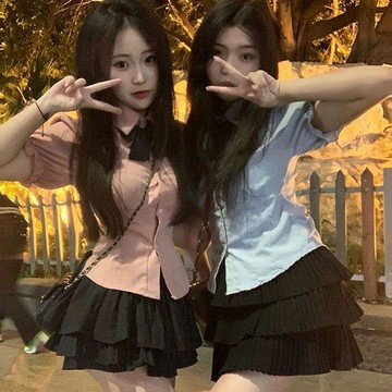 【Polo領短袖襯衫+蛋糕裙】社會女夏季JK少女套裝 網紅同款 蝴蝶結 收腰短袖襯衫 Polo衫 短袖上衣 蛋糕裙 套裝