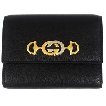 GUCCI 古馳  Zumi 黑色荔枝紋皮革馬蹄鐵中夾(6卡)