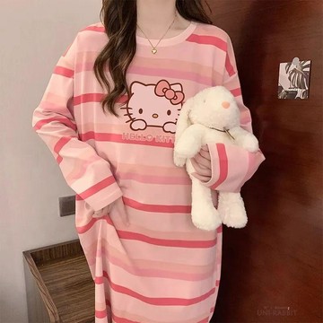 睡裙卡通女款春秋長袖長款大碼胖mm寬鬆新款女睡衣家居服居家服休閒睡裙家居服寬鬆睡裙長袖睡裙