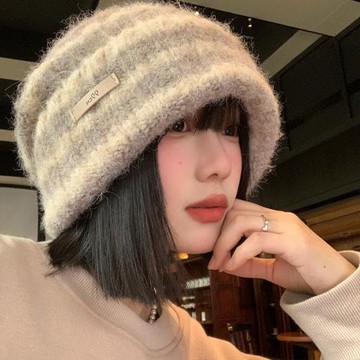 日系拼色條紋針織毛線帽子女冬季韓版百搭保暖加厚顯臉小堆堆帽潮