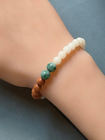 天然白翡翠桶珠手串 l 綠飄花珠・檀香木・菩提珠