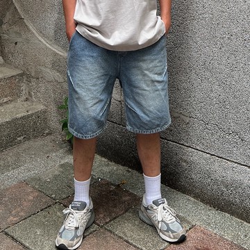 【AMERO】男裝 女裝 摺線水洗單寧短褲 鬆緊褲頭