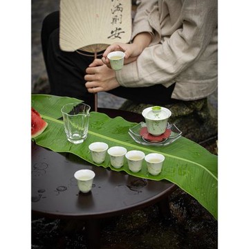 小蒼翠手繪竹子茶具套組整套禮盒裝蓋碗喝茶杯杯墊按時喝茶系列新