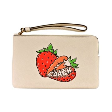 [平輸版] 【COACH】草莓圖印白堊色荔枝紋L型拉鍊中款手拿包 真品平輸