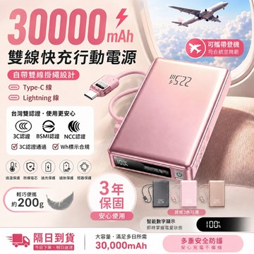 台灣製【3ccc認證 WH標識 三年質保】可上飛機 30000mAh PD快充 行動電源 防爆電池 智能數顯 自帶線行充