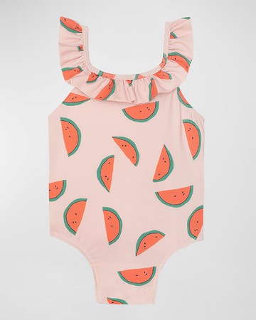 Girl's Watermelon Ruffle One-Piece Swimsuit, Size 2-8
