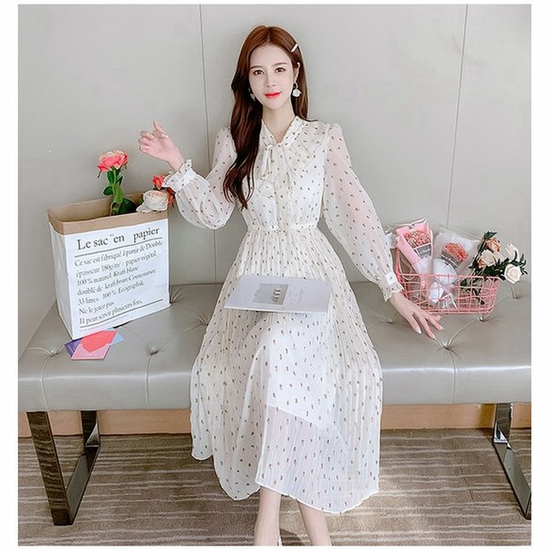 ワンピース レディース フェミニン 春 21 春物 新作 春コーデ 春服 ドット 水玉 膝丈 ミドル丈 プリントワンピース プリントワンピ シフォン ワンピース 長袖 通販 Lineポイント最大0 5 Get Lineショッピング