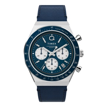 TIMEX Q 40毫米三眼計時皮革腕錶(藍TXTW2W51700)
