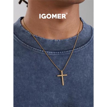IGOMER美式鑲鉆十字架鉆石項鏈男鈦鋼小眾鋯石吊墜雙層鎖骨鏈金色