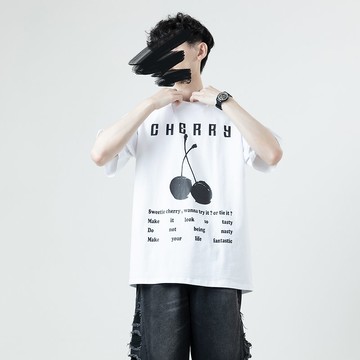 Cherry印花短袖上衣 / 白 /