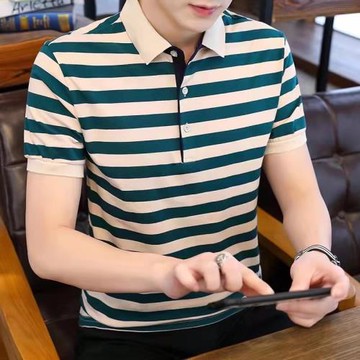 男士短袖t恤夏季薄款冰絲大碼潮牌商務條紋polo衫翻領莫代爾體恤