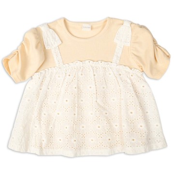 akachan honpo - 短袖假兩件T恤-蕾絲-米白色 (120cm)