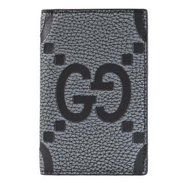 GUCCI 739478 Jumbo GG 標誌壓紋皮革對開卡片收納夾.灰黑