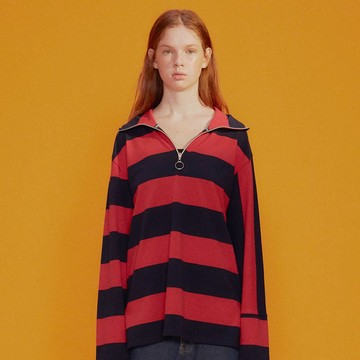 【Off-season sale】中性款 條紋拚接長袖高領上衣 / 紅藍條紋