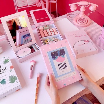 桌面臺式化妝鏡收納盒折疊粉色少女心學生宿舍鏡子帶口紅整理盒