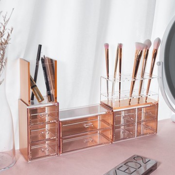 【女友禮物】玫瑰金/收納五件組(筆筒+刷具架+二+三+四格抽屜)