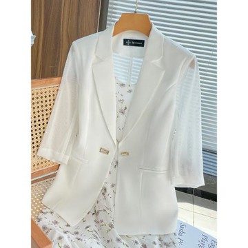 薄款白色網紗小西裝外套女士夏季中袖修身休閑小個子氣質短款西服