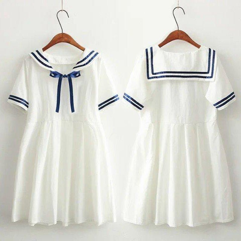 森ガールワンピースセーラー襟セーラー風半袖ワンピリボン学生制服春セーラーワンピース夏白ラインaラインひざ丈 通販 Lineポイント最大get Lineショッピング
