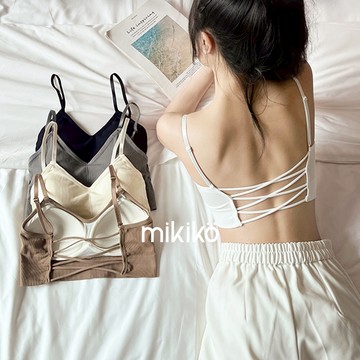 美木子｜細肩帶小可愛｜自帶胸墊 免穿bra 交叉美背【U10154】V領坑條 美背吊帶 短款小可愛 打底內搭