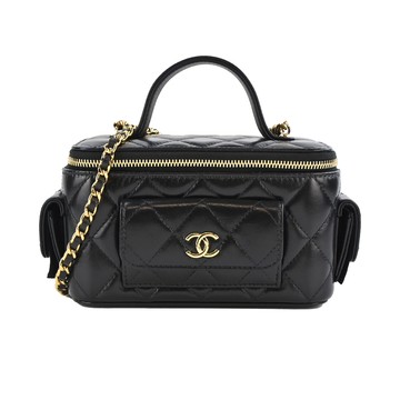 CHANEL經典雙C金屬菱格紋小羊皮長型口袋化妝/斜背包(黑色)