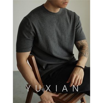 YUXIAN高捻長絨棉細膩純色針織T恤短袖打底圓領基礎復古休閑商務