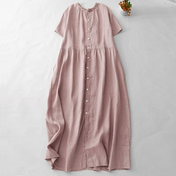＊ORead＊日系慵懶風中長款亞麻藕粉紅洋裝(圖片色M~2XL)【限定加碼✿全館滿額再折】