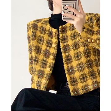 黃色格紋小香風外套2025春秋新款做舊金屬扣羊毛輕奢短款毛呢外套