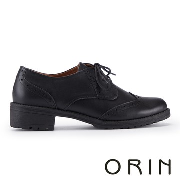 ORIN 復古真皮雕花綁帶低跟牛津鞋 黑色 #25159
