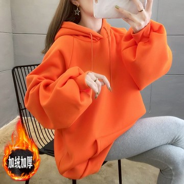 加絨衛衣女秋冬季2021年新款韓版大碼中長款加厚連帽純色外套女春
